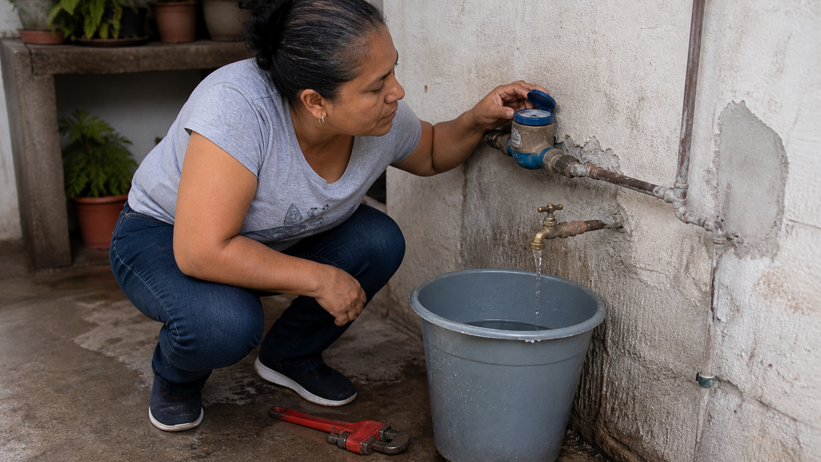 Persona revisa el medidor y una llave de agua mientras busca una fuga doméstica