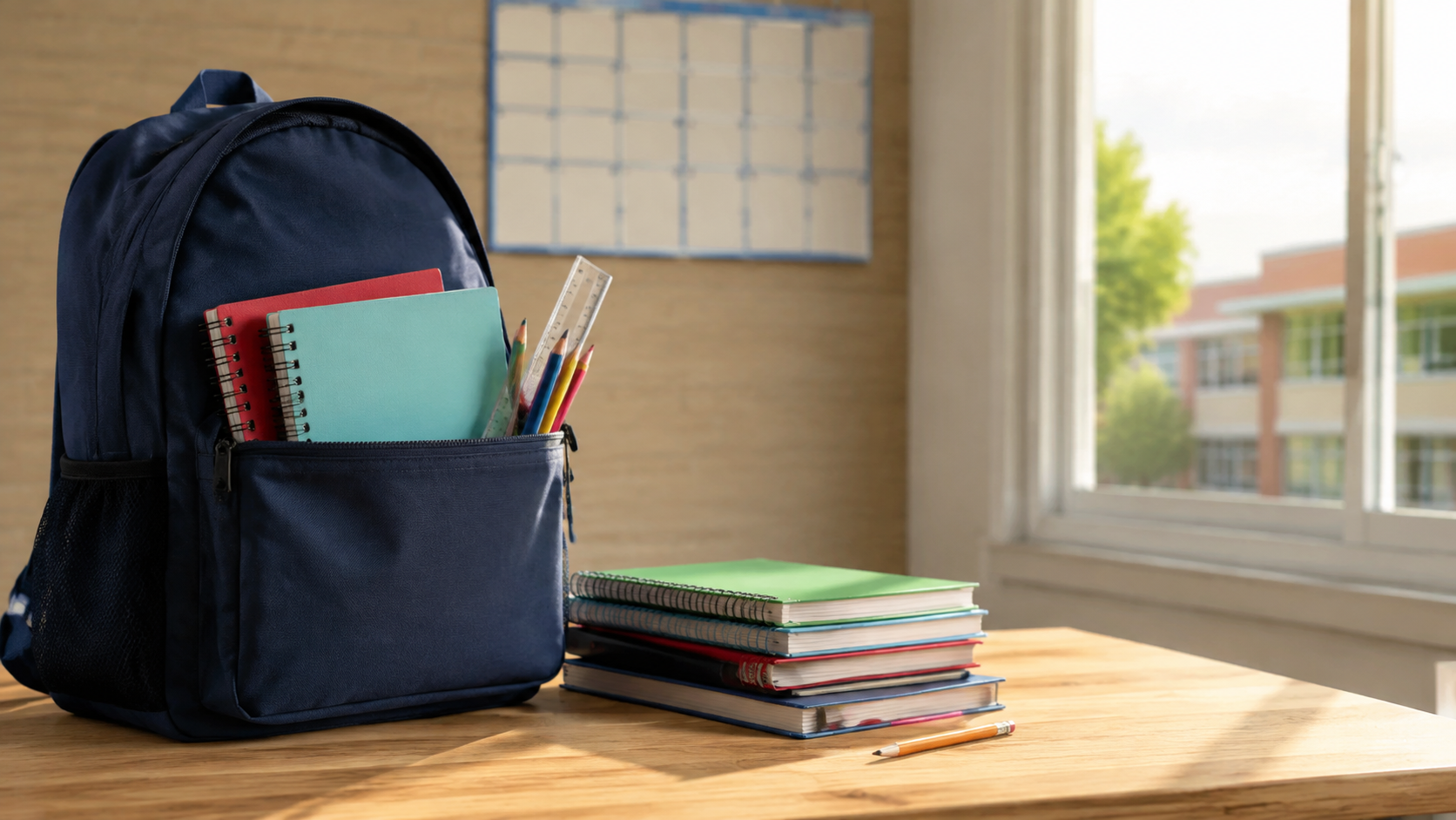 Mochila y cuadernos sobre un escritorio frente a una escuela urbana, imagen editorial sobre el inicio del ciclo escolar.