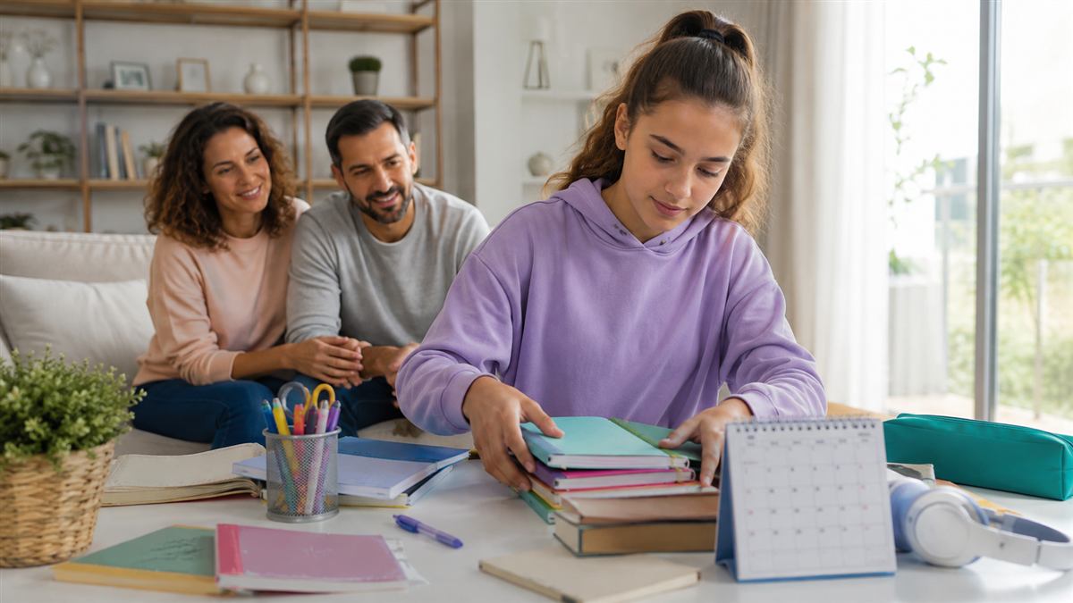 Estudiante organiza libros, calendario y materiales escolares en un escritorio iluminado