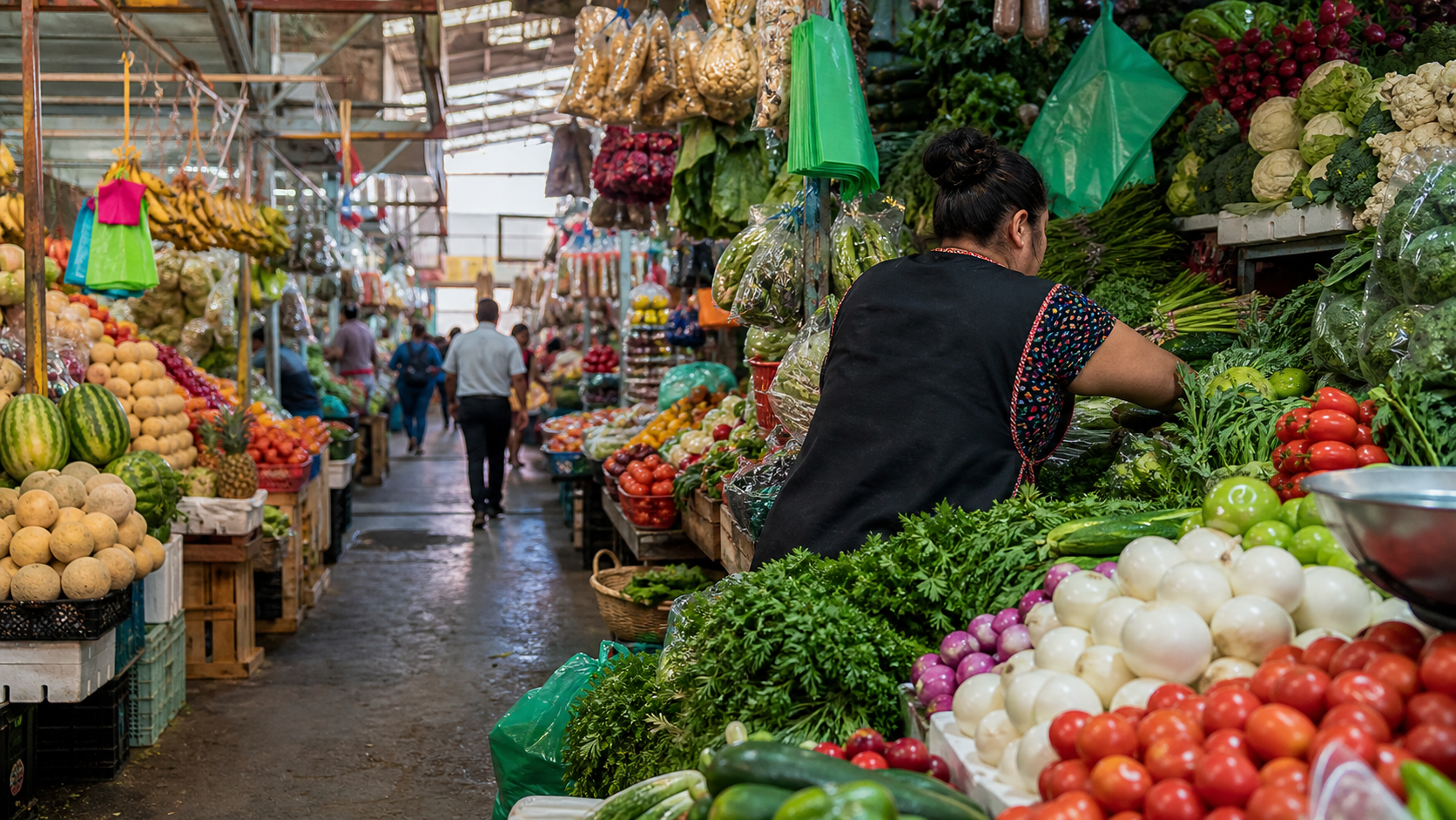 Pasillo de un mercado público de Ciudad de México con frutas, verduras y comerciantes atendiendo puestos