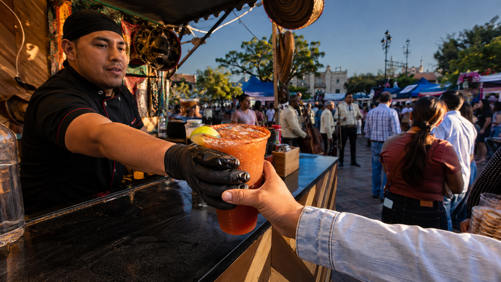 Vaso de michelada escarchado en una plaza de Villagrán, con puestos de comida, música y visitantes en una escena documental mexicana.